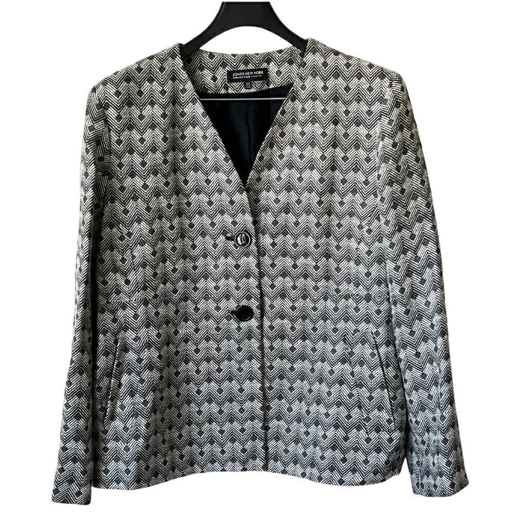 NEW Jones New York Black & White V-neck Collarless Lined Blazer, 18W
